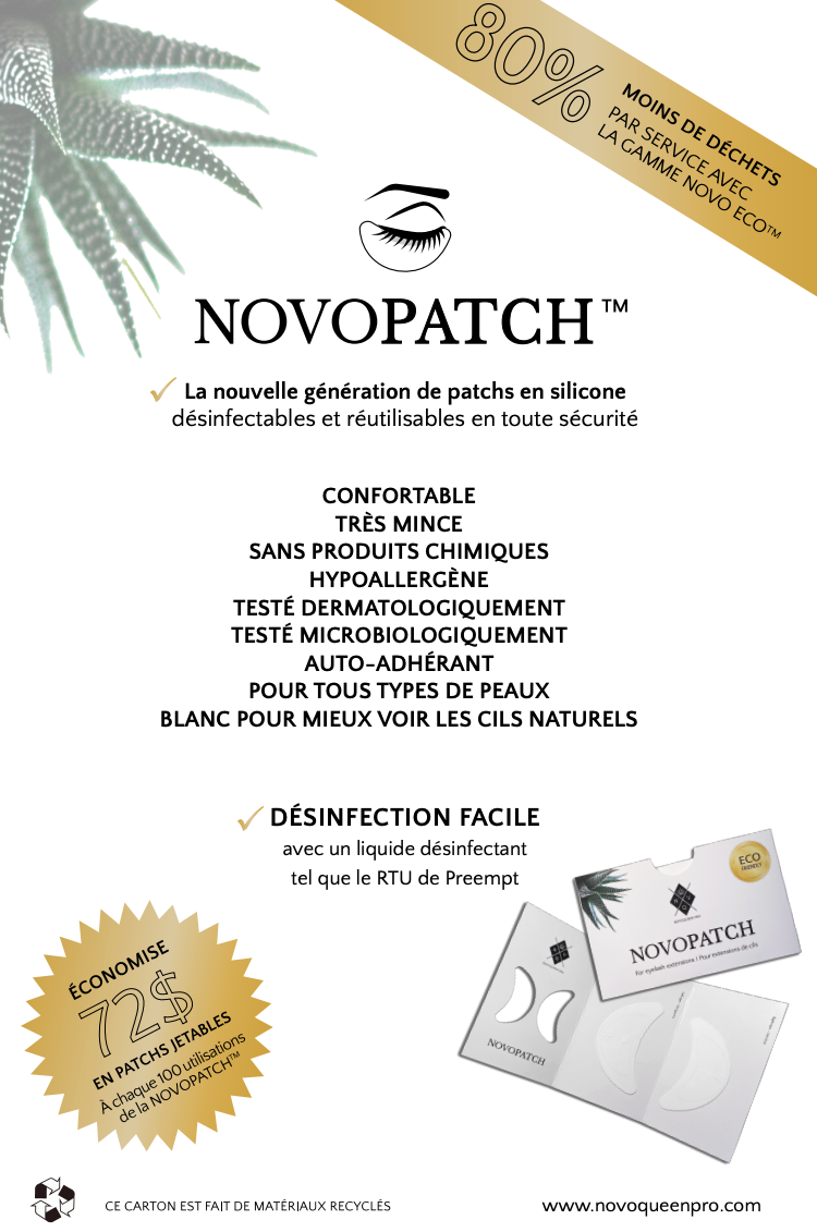 Pamphlet d'information NovoPatch - Patch Blanche en Silicone Écologique - Nouvelle Génération, Réutilisable et Désinfectable pour le Rehaussement de Cils et Extensions de Cils | NovoPatch Information Pamphlet - Eco-friendly White Silicone Patch - Next Generation, Reusable and Disinfectable for Eyelash Lift and Eyelash Extensions