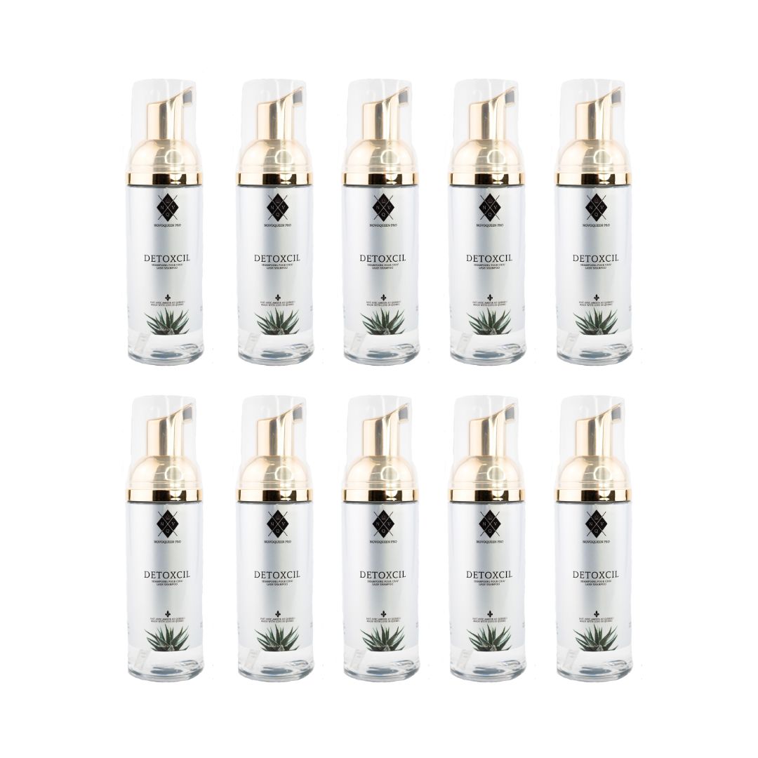 10 Shampooing Detoxcil de NVQ pour cils et sourcils de qualité supérieure, spécialement formulé pour les peaux sensibles. Cette formule sans parabène et sans huile offre un nettoyage en profondeur tout en préservant la douceur de vos cils et sourcils. Avec sa grande contenance de 1050 ML, ce shampooing est parfait pour les professionnels de cils et peut être facilement revendu à vos clientes après une pose d'extensions de cils ou d'une séance de rehaussements de cils. 