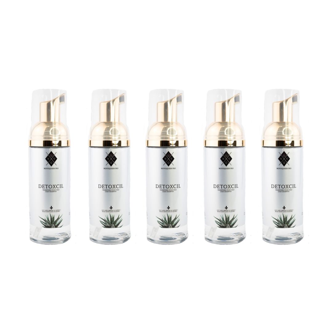 5 Shampooing Detoxcil de NVQ pour cils et sourcils de qualité supérieure, spécialement formulé pour les peaux sensibles. Cette formule sans parabène et sans huile offre un nettoyage en profondeur tout en préservant la douceur de vos cils et sourcils. Avec sa grande contenance de 1050 ML, ce shampooing est parfait pour les professionnels de cils et peut être facilement revendu à vos clientes après une pose d'extensions de cils ou d'une séance de rehaussements de cils.